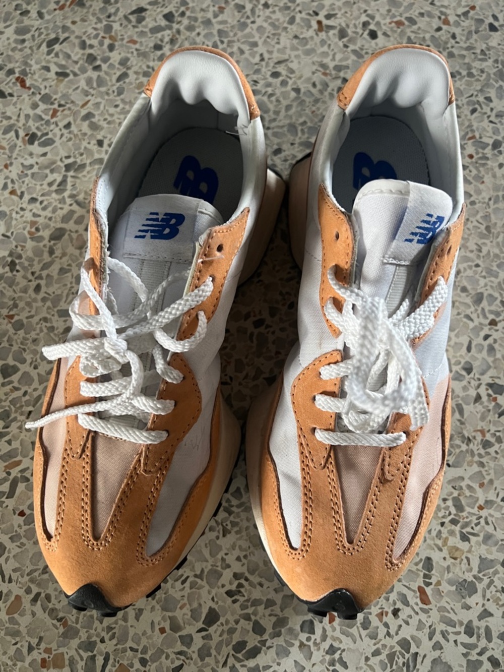 New Balance 327 Trainers White and Orange Suede Accent Sneakers